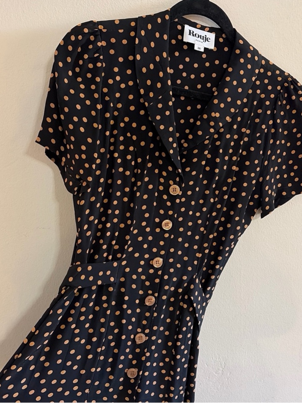 Rouje Marin Black Dress with Tan Polka Dot Print